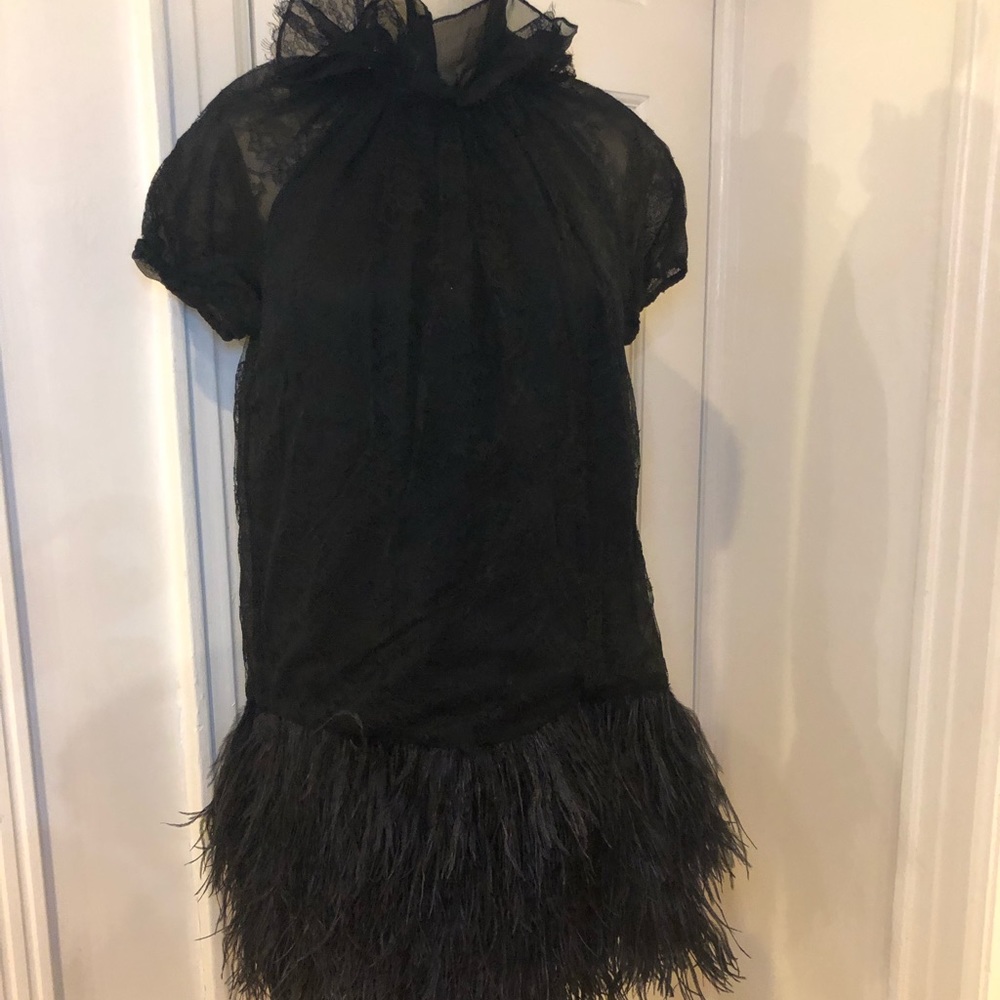 Joy Cioci Black Lace & Silk & Feather Mini Dress